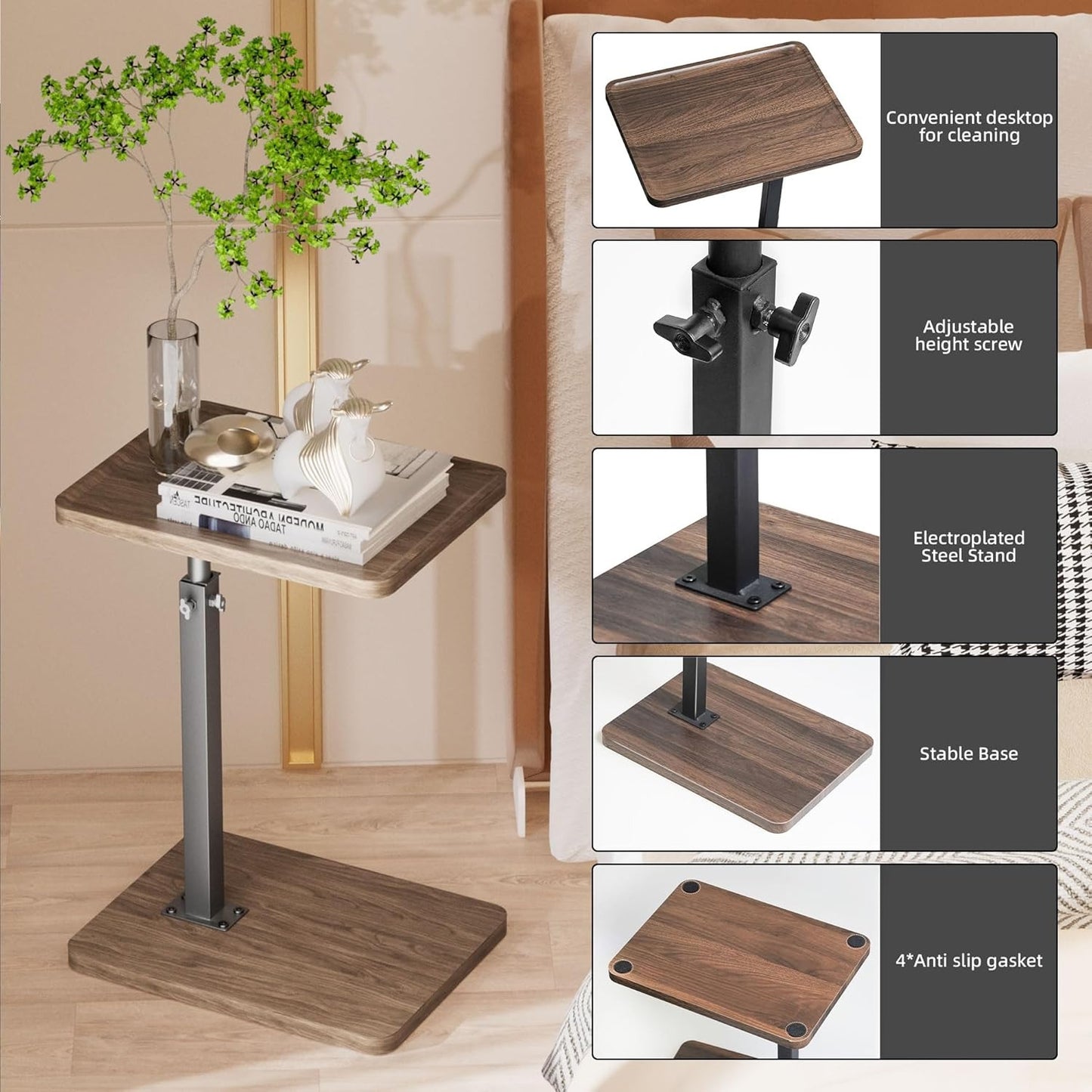 C-Shaped End Table Adjustable Height 360° Swive Tray Slide-Under Design
