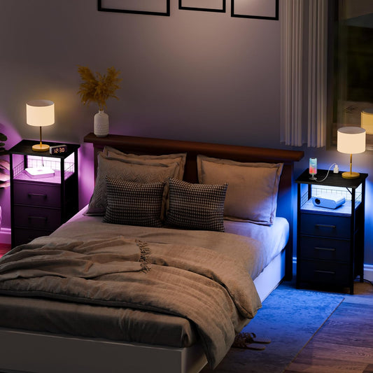 Night Stand Set of 2 with Charging Station & RGB LED Lights 3 Fabric Drawers