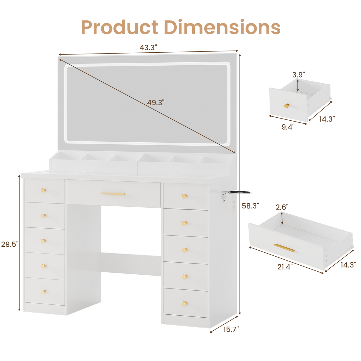 LAKEMID White Vanity Desk with Mirror & Lights – Glass Top, 11 RGB Drawers