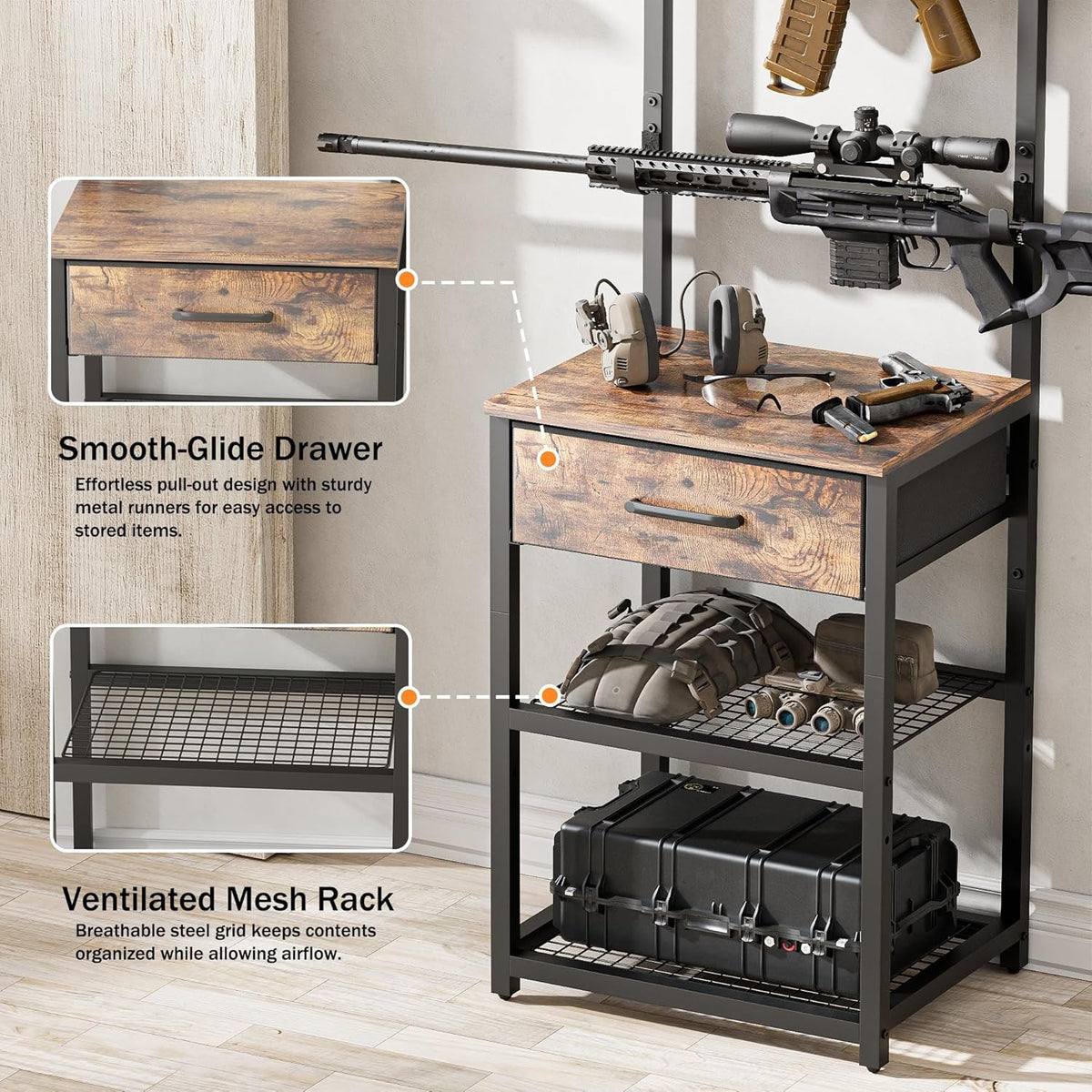 LAKEMID Indoor Gun Rack with Shelf and Drawer 8 Rifle Slots Floor Standing Display