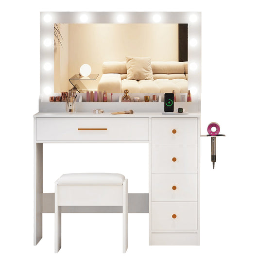 LAKEMID Vanity Desk Set with Large LED Mirror Makeup Table with 5 Drawers & Stool