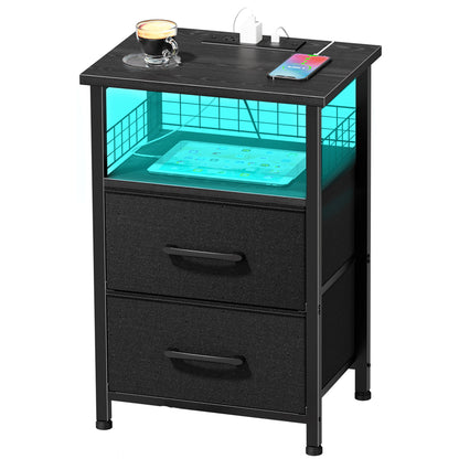 LAKEMID LED Side Table with Charging Station 2 PU-Coated Fabric Drawers