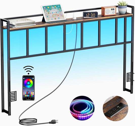 LAKEMID Headboard with LED Lights Outlets & USB Ports Storage Shelf