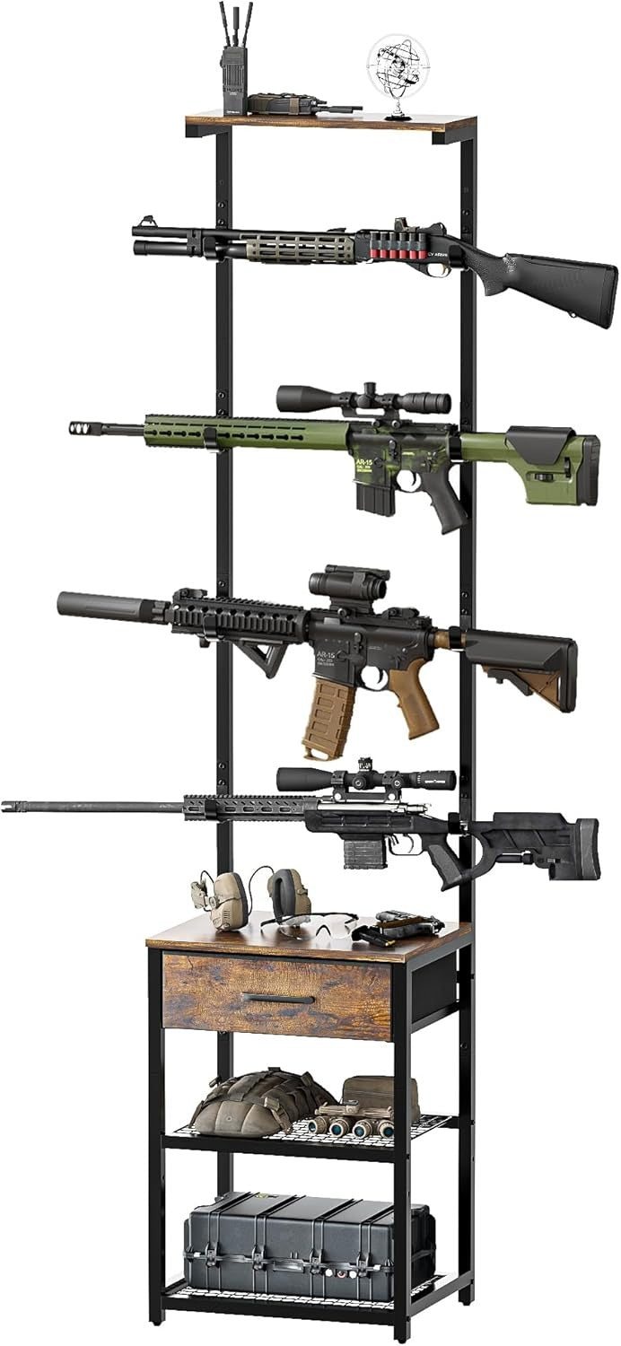 LAKEMID Indoor Gun Rack with Shelf and Drawer 8 Rifle Slots Floor Standing Display