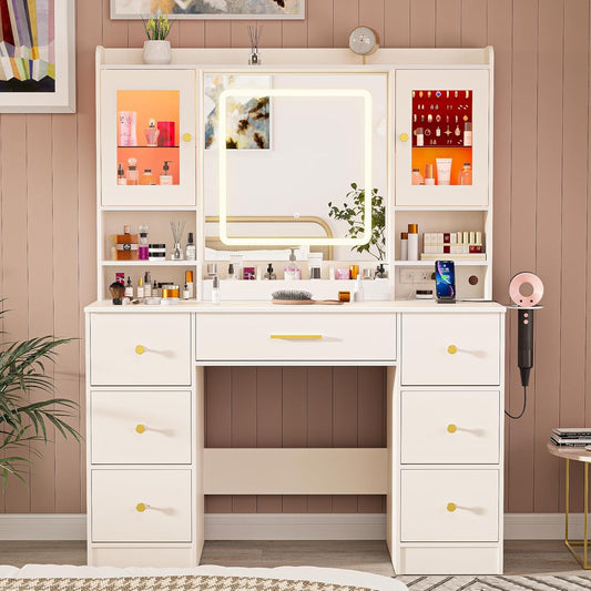 LAKEMID Makeup Vanity Desk with Mirror and Lights 7 Drawers + 2 Cabinets