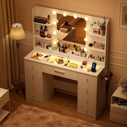 LAKEMID Vanity Desk with Mirror and LED Lights Glass Top 9 Drawers + 4 Compartments