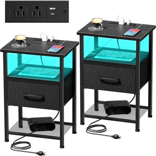 LAKEMID Night Stand Set of 2 with Charging Station & RGB LED Lights 1 Drawer + 2 Shelves