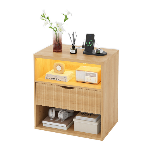 LAKEMID Fluted Nightstand with Charging Station,20 Inch Wide Bedside Tables with Led Lights,Modern Wood Night Stand with Drawers
