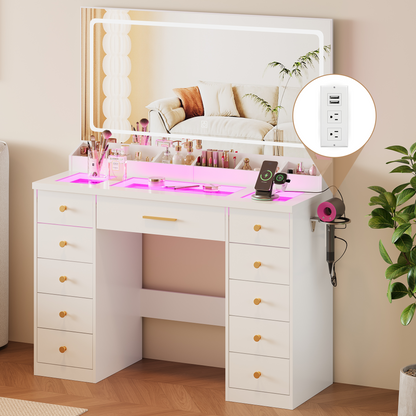 LAKEMID White Vanity Desk with Mirror & Lights – Glass Top, 11 RGB Drawers