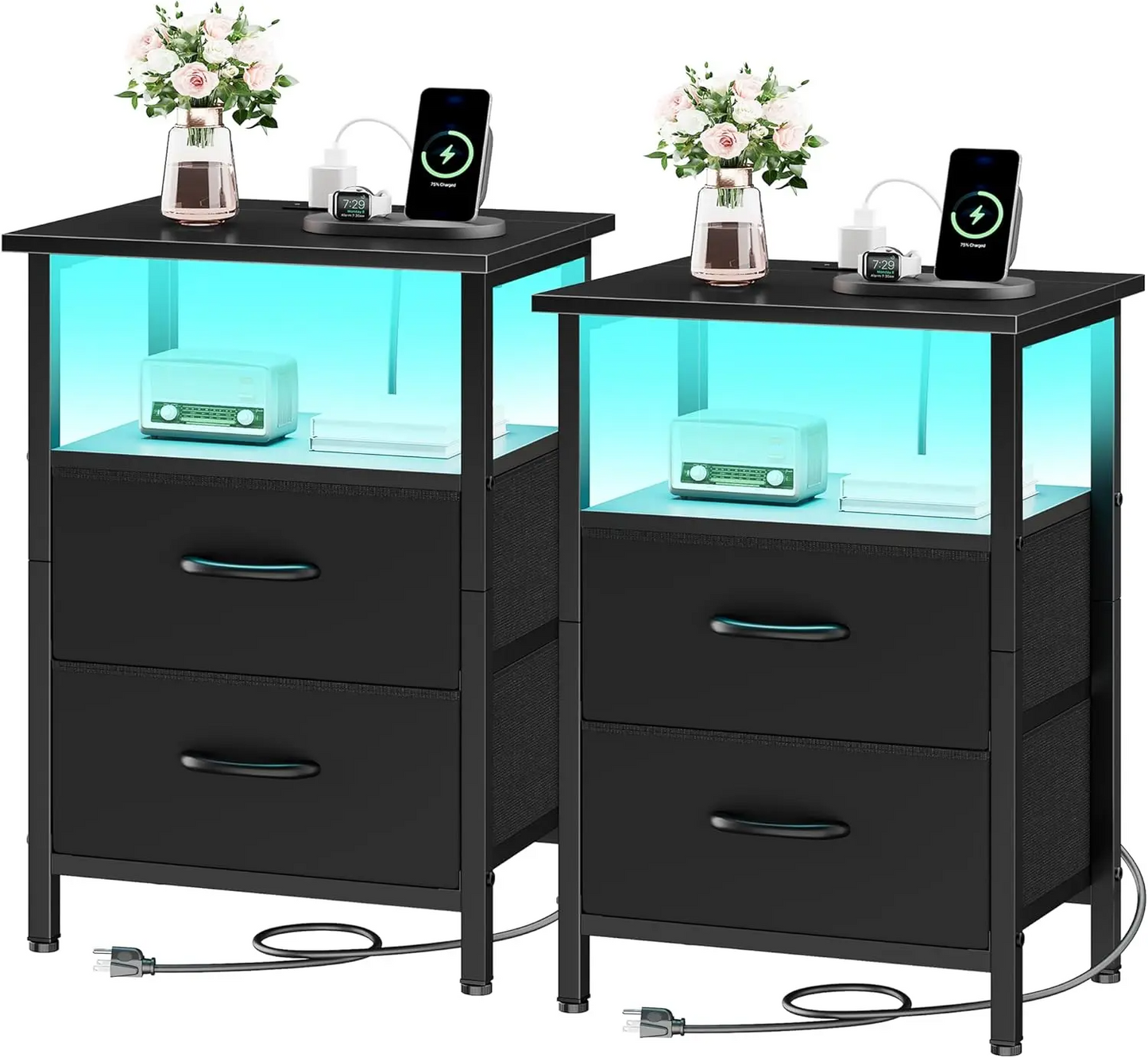 LAKEMID LED Side Table with Charging Station 2 PU-Coated Fabric Drawers