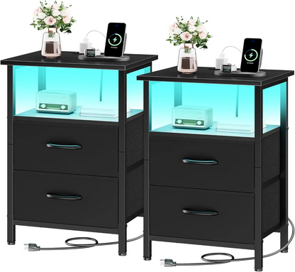 LAKEMID LED Side Table with Charging Station 2 PU-Coated Fabric Drawers