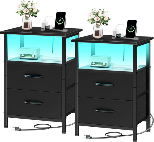 LAKEMID LED Side Table with Charging Station 2 PU-Coated Fabric Drawers