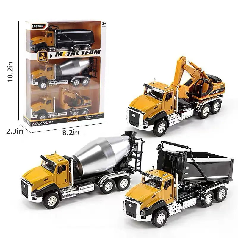 LAKEMID 3-in-1 Die-Cast Metal Model Car Set 1:50 Scale Construction Vehicles