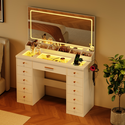 LAKEMID White Vanity Desk with Mirror & Lights – Glass Top, 11 RGB Drawers