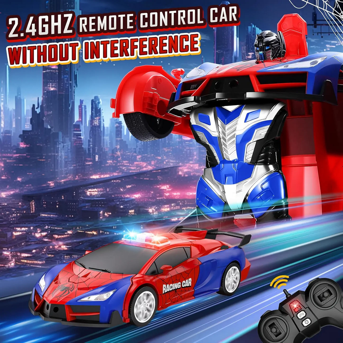 LAKEMID Spider-Man Transform Robot RC Car One-Button Deformation 360 Drifting LED Lights