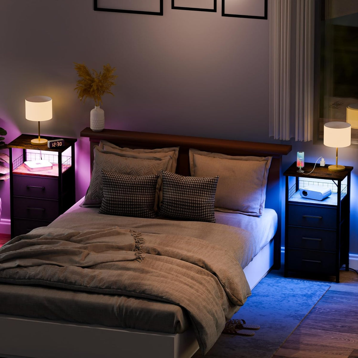 Night Stand Set of 2 with Charging Station & RGB LED Lights 3 Fabric Drawers