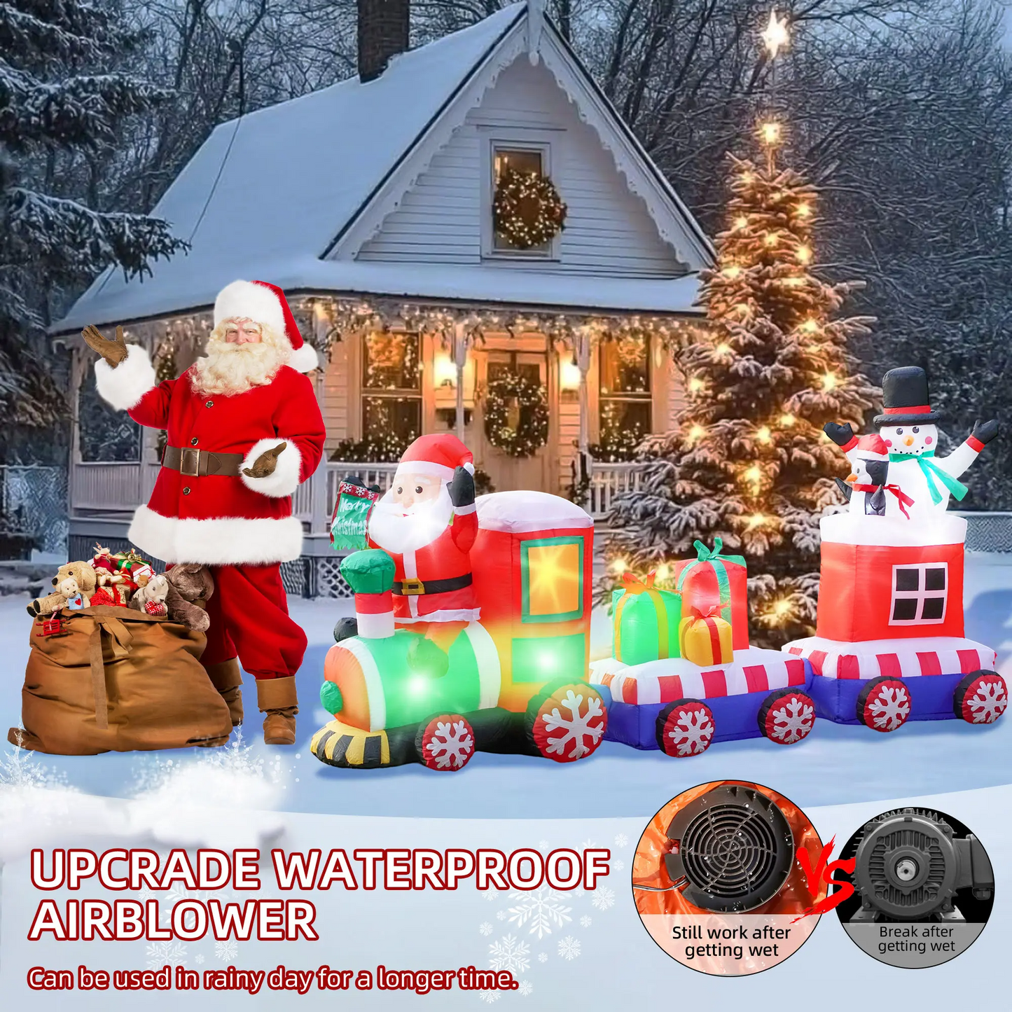 LAKEMID Christmas Inflatable Train Set Santa Snowman Penguin LED Lights