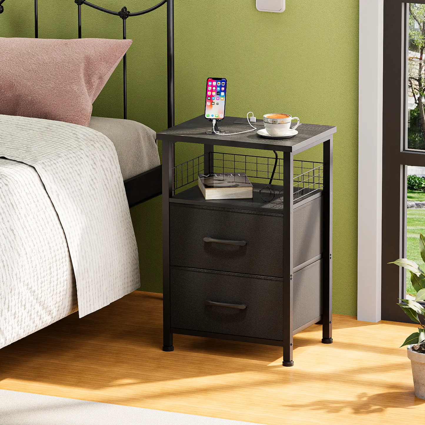 LAKEMID LED Side Table with Charging Station 2 PU-Coated Fabric Drawers