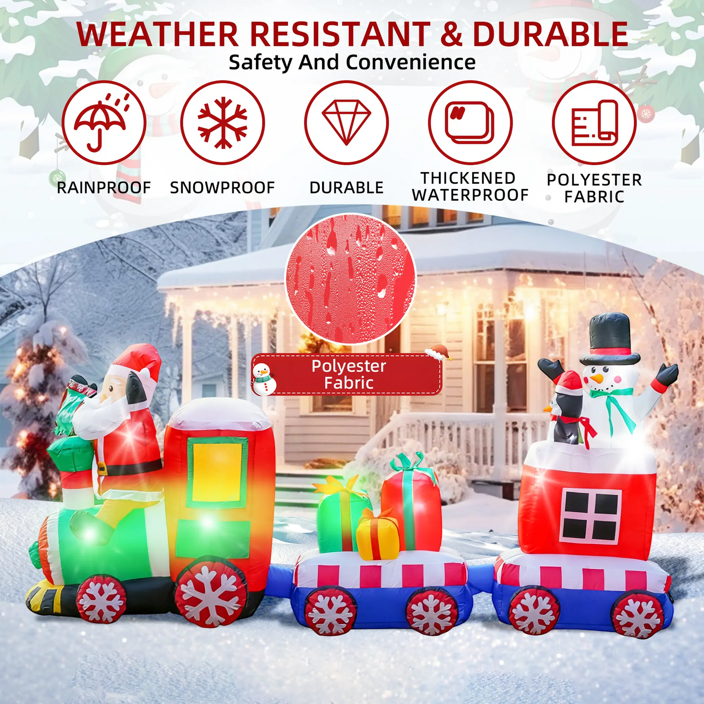 LAKEMID Christmas Inflatable Train Set Santa Snowman Penguin LED Lights