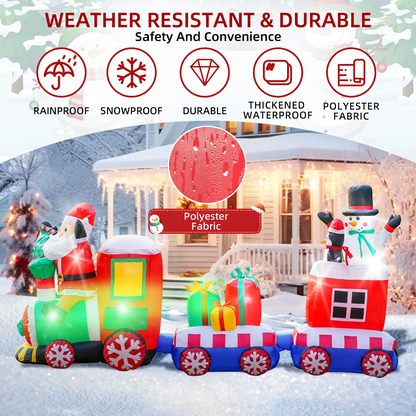 LAKEMID Christmas Inflatable Train Set Santa Snowman Penguin LED Lights
