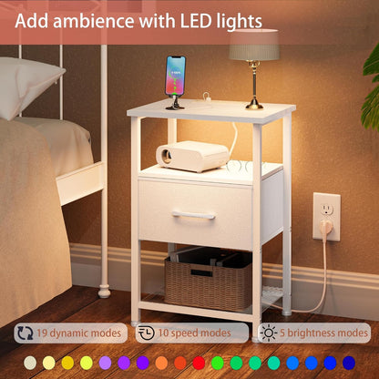 LAKEMID Night Stand Set of 2 with Charging Station & RGB LED Lights 1 Drawer + 2 Shelves