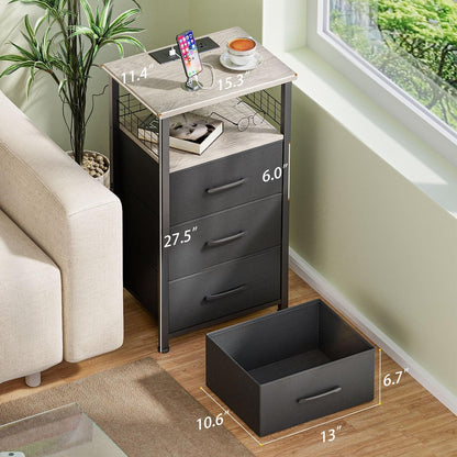 Night Stand Set of 2 with Charging Station & RGB LED Lights 3 Fabric Drawers
