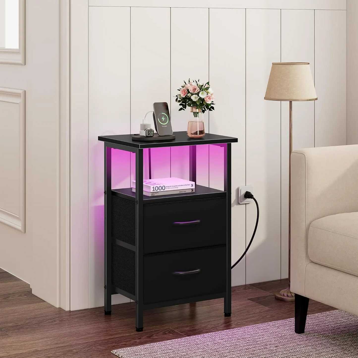 LAKEMID LED Side Table with Charging Station 2 PU-Coated Fabric Drawers