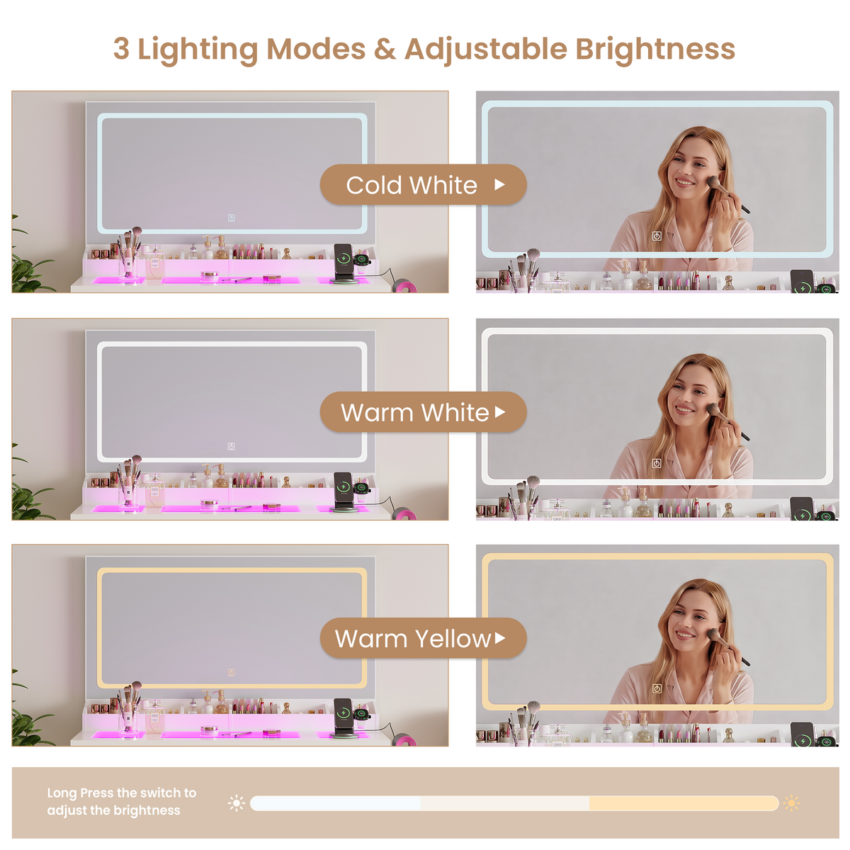LAKEMID White Vanity Desk with Mirror & Lights – Glass Top, 11 RGB Drawers