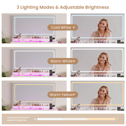 LAKEMID White Vanity Desk with Mirror & Lights – Glass Top, 11 RGB Drawers