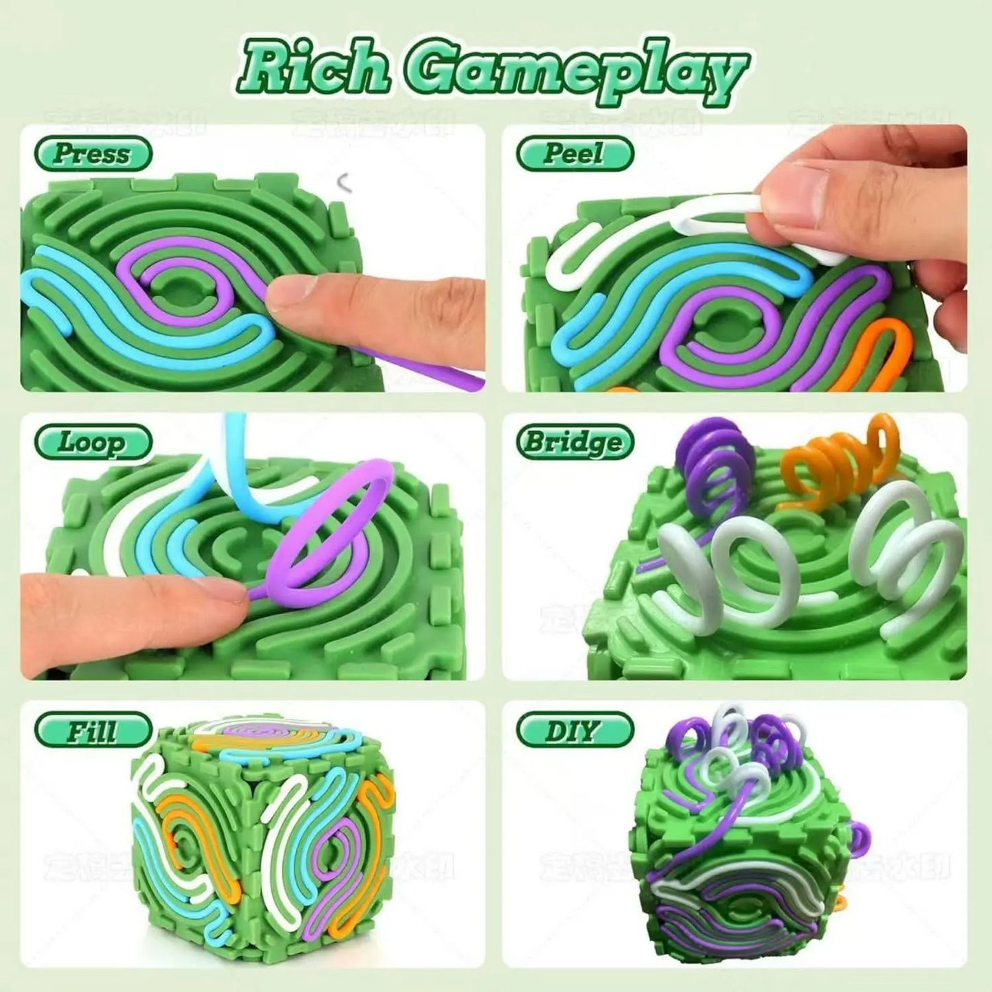 LAKEMID 3D Silicone 6-Sided Sensory Fidget Cube 20 Pull Strings
