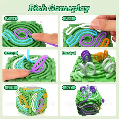 LAKEMID 3D Silicone 6-Sided Sensory Fidget Cube 20 Pull Strings
