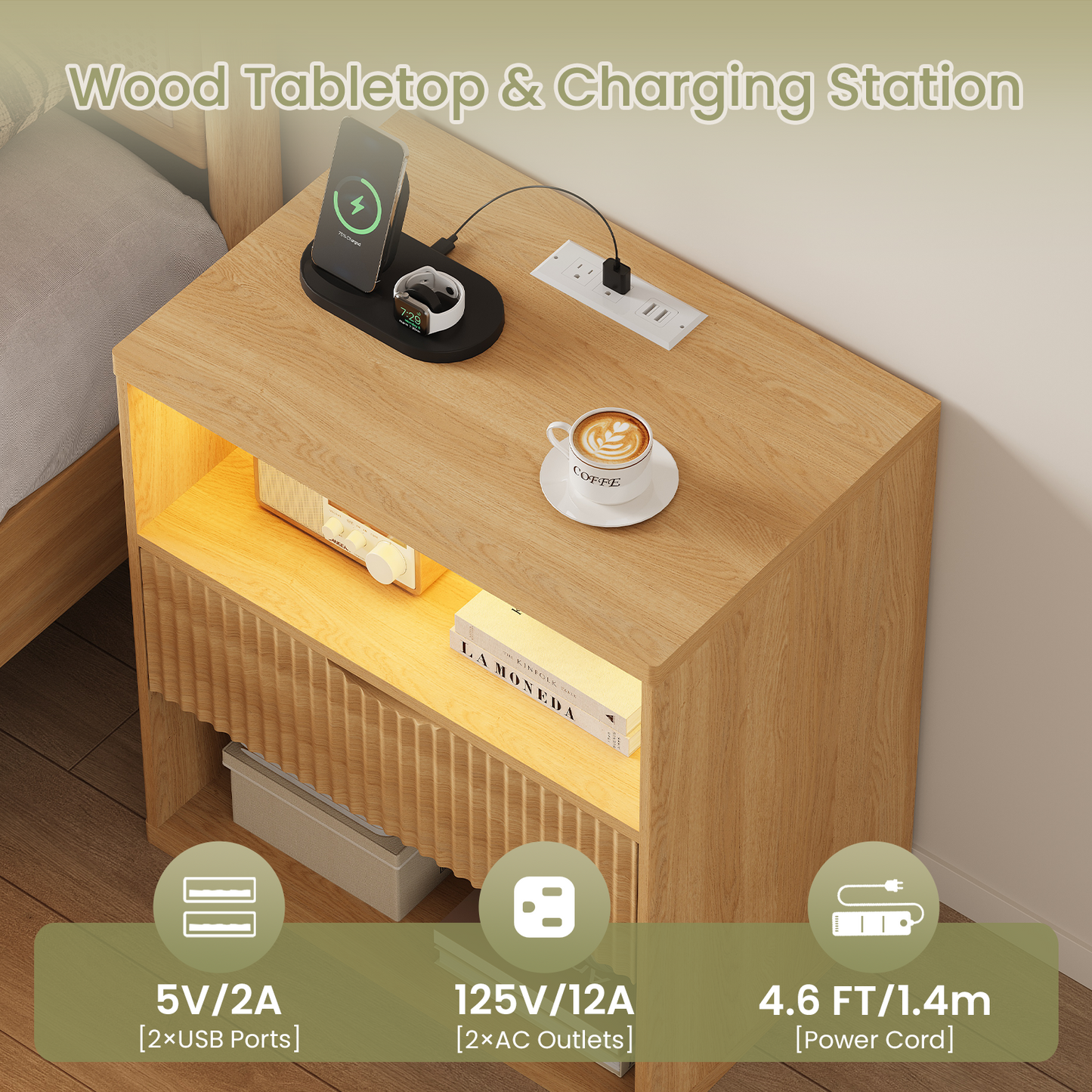 LAKEMID Fluted Nightstand with Charging Station,20 Inch Wide Bedside Tables with Led Lights,Modern Wood Night Stand with Drawers