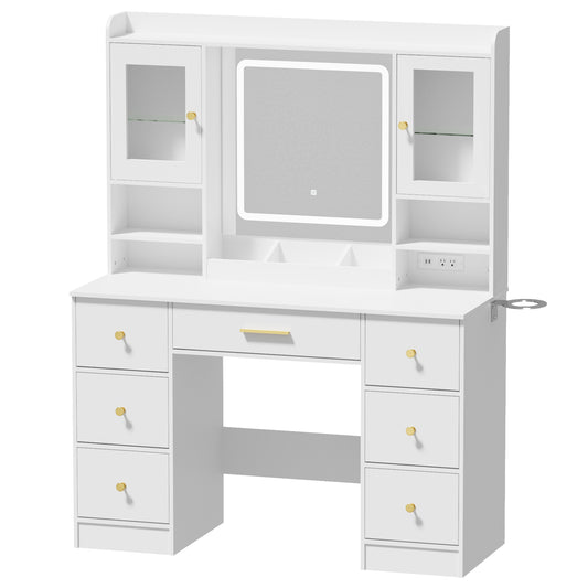 LAKEMID Makeup Vanity Desk with Mirror and Lights 7 Drawers + 2 Cabinets