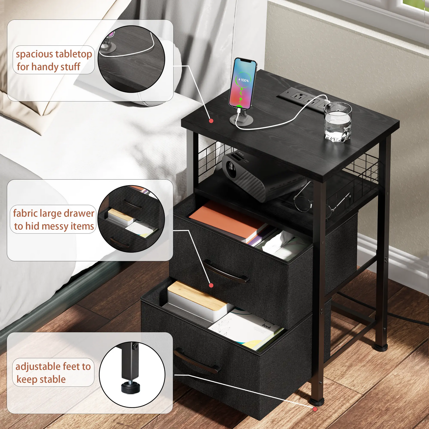 LAKEMID LED Side Table with Charging Station 2 PU-Coated Fabric Drawers
