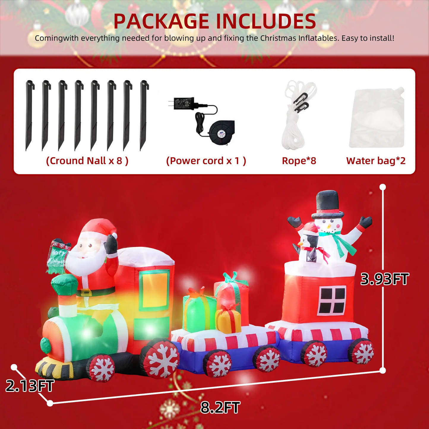 LAKEMID Christmas Inflatable Train Set Santa Snowman Penguin LED Lights