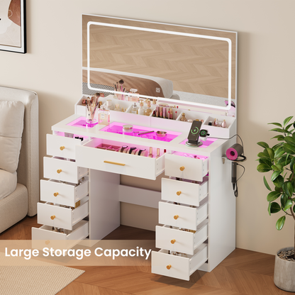 LAKEMID White Vanity Desk with Mirror & Lights – Glass Top, 11 RGB Drawers
