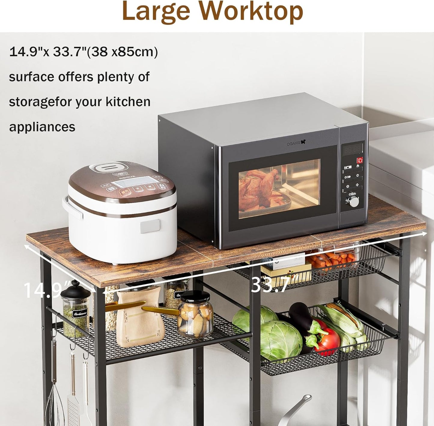 LAKEMID Kitchen Bakers Rack 3-Tier Microwave Stand with Storage