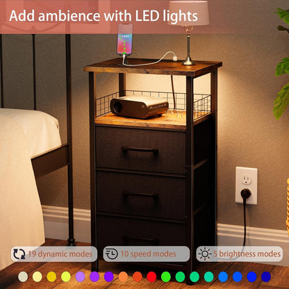 Night Stand Set of 2 with Charging Station & RGB LED Lights 3 Fabric Drawers