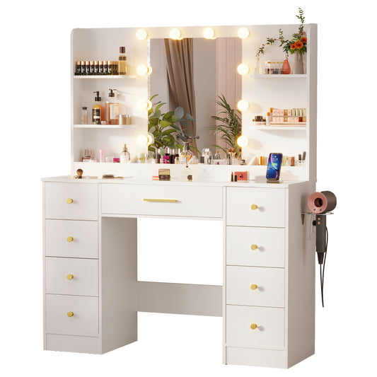 LAKEMID Vanity Desk with Mirror and LED Lights Glass Top 9 Drawers + 4 Compartments