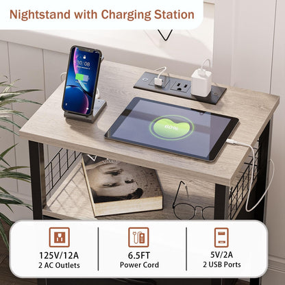 Night Stand Set of 2 with Charging Station & RGB LED Lights 3 Fabric Drawers