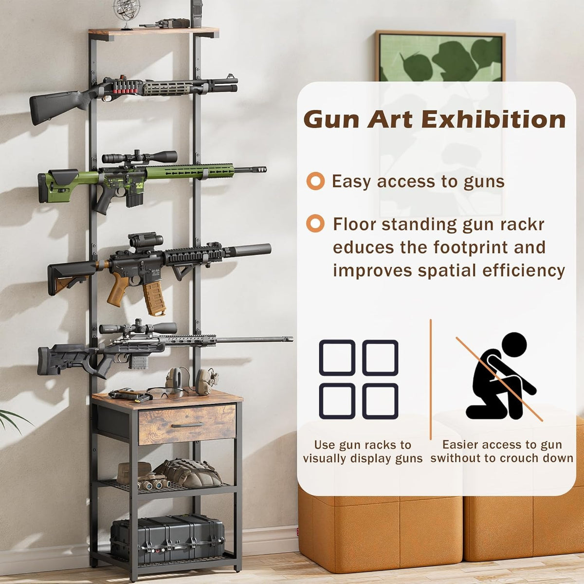 LAKEMID Indoor Gun Rack with Shelf and Drawer 8 Rifle Slots Floor Standing Display