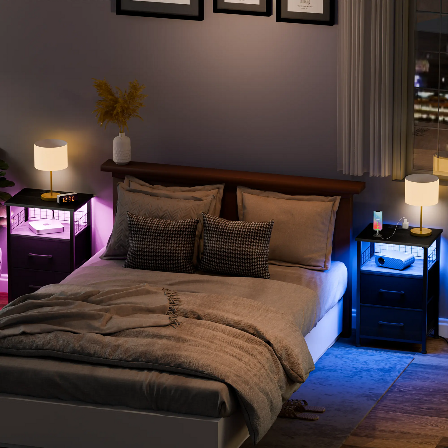 LAKEMID LED Side Table with Charging Station 2 PU-Coated Fabric Drawers