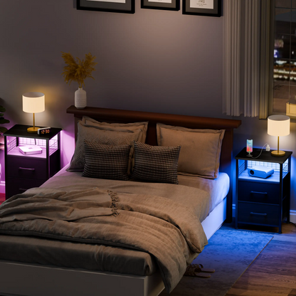 LAKEMID LED Side Table with Charging Station 2 PU-Coated Fabric Drawers