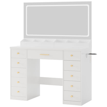 LAKEMID White Vanity Desk with Mirror & Lights – Glass Top, 11 RGB Drawers