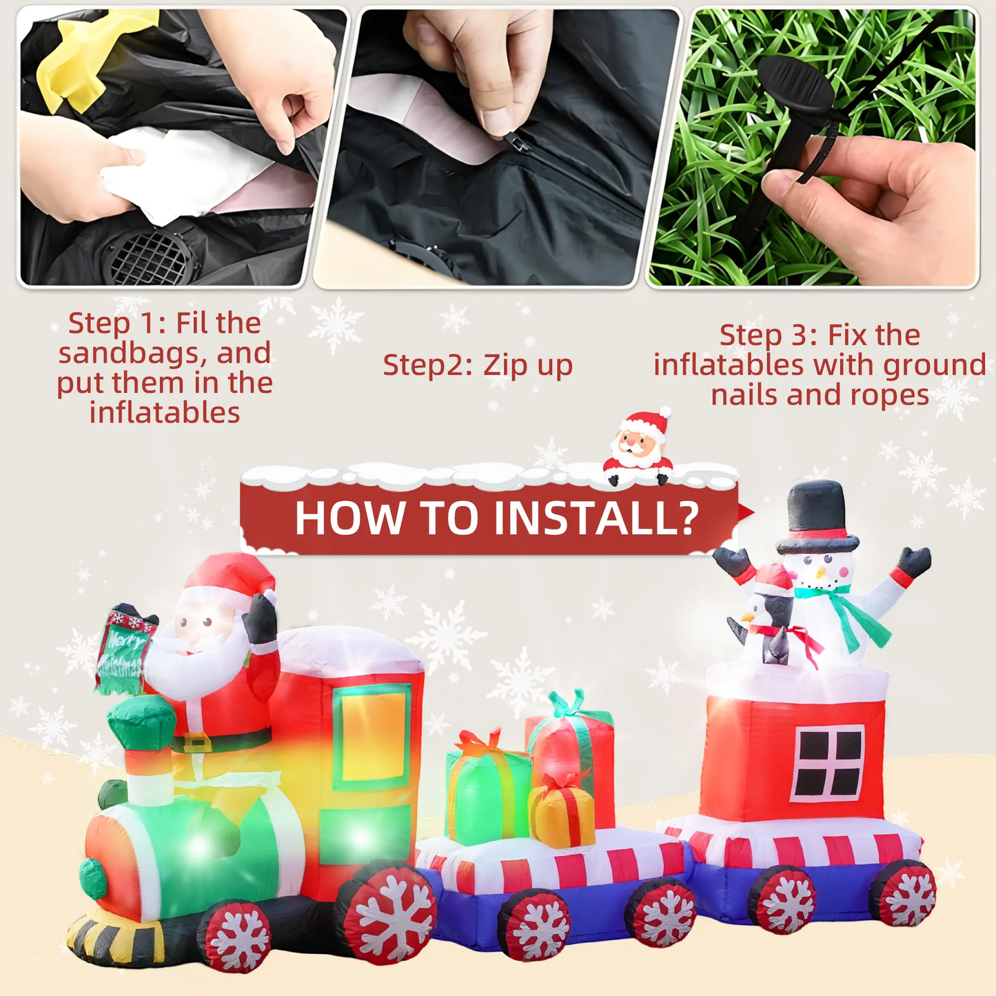 LAKEMID Christmas Inflatable Train Set Santa Snowman Penguin LED Lights