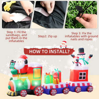 LAKEMID Christmas Inflatable Train Set Santa Snowman Penguin LED Lights