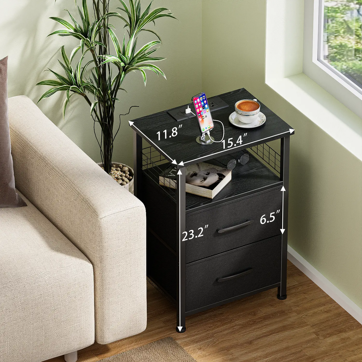 LAKEMID LED Side Table with Charging Station 2 PU-Coated Fabric Drawers