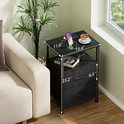 LAKEMID LED Side Table with Charging Station 2 PU-Coated Fabric Drawers