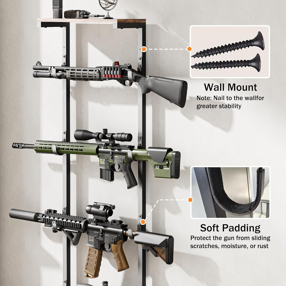 LAKEMID Indoor Gun Rack with Shelf and Drawer 8 Rifle Slots Floor Standing Display