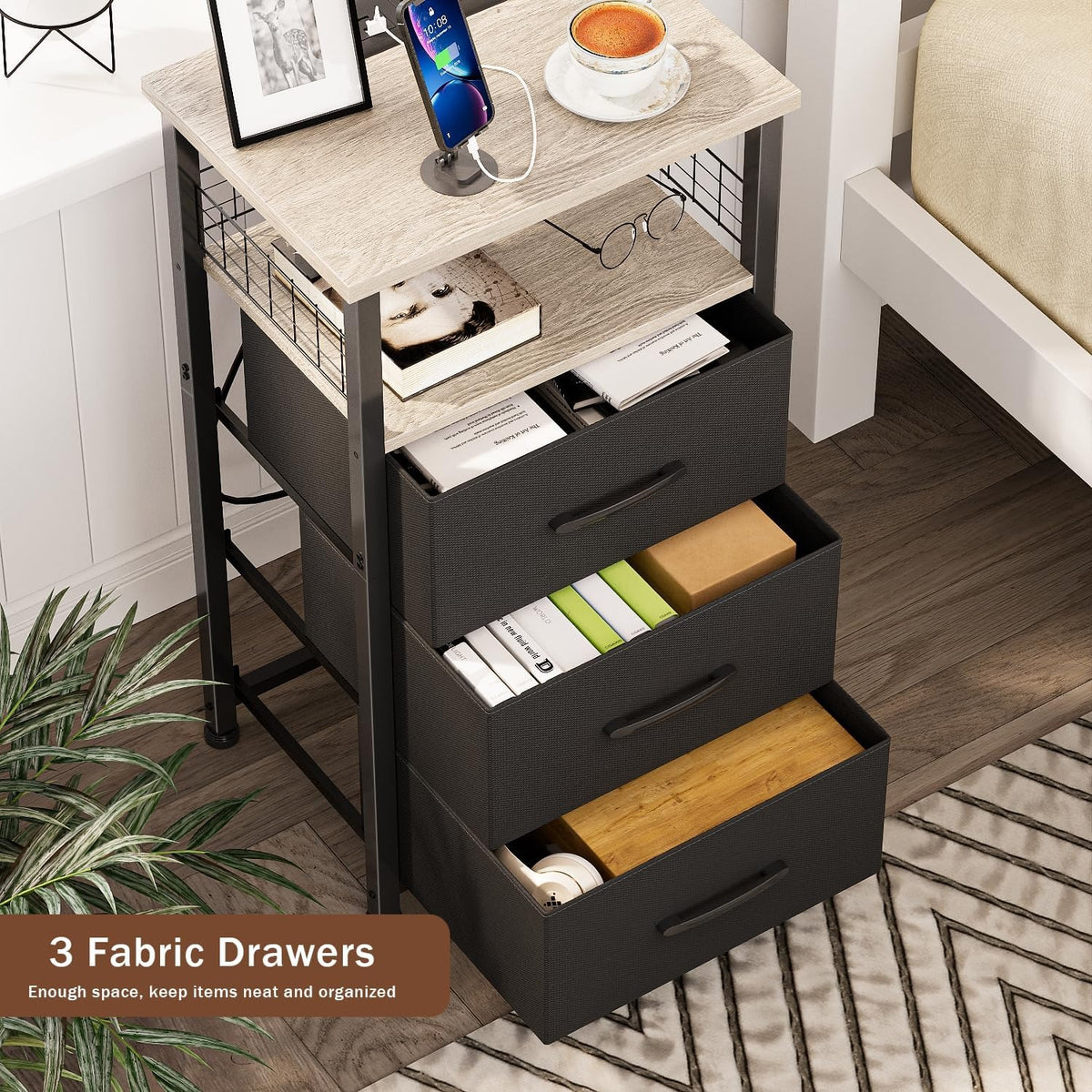 Night Stand Set of 2 with Charging Station & RGB LED Lights 3 Fabric Drawers